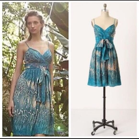 Anthro Lil Blue & Peach Caballo Falls 100% Silk Dress 4 - Picture 2 of 14